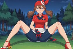 1girls ai_generated arm_support bandana bike_shorts bike_shorts_under_skirt blue_eyes blush breasts brown_hair bush cameltoe cloud collarbone collared_shirt eyelashes female female_only forest gloves grass hi_res high_heels looking_at_viewer masturbation may_(pokemon) night nintendo open_mouth outdoors pokemon raised_eyebrows red_bandana red_footwear red_shirt rule34lab shirt shoes short_sleeves shorts sitting skirt sky smile solo spread_legs spread_pussy spread_pussy_under_clothes teeth tongue tree upper_teeth_only watermark white_skirt