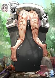 anus artist_logo ass barefoot black_skirt body_writing bottomless chibi chibi_inset commentary condom consent_sticker cum cum_in_ass cum_in_pussy cum_on_ass cum_on_body english_commentary english_text feet female from_behind full_body heart highres in_container in_trash_can logo original public_use pussy pussy_juice skirt soles solo spoken_heart tape toes trash trash_can trembling used_condom yeougui