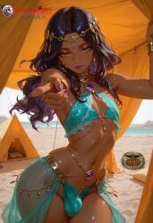 1boy ai_generated balls beach beach_background beach_towel beach_umbrella black_hair brown_eyes bulge bulge_through_clothing choker crossdressing dark-skinned_femboy day daytime ear_piercing earrings femboy flat_chest gay gay_male half-closed_eyes half-dressed half_naked half_nude high_resolution highres ilfb jewelry long_hair looking_at_viewer more_at_source original original_character otoko_no_ko pointing pointing_at_viewer purple_hair sissy sissyfication solo solo_focus solo_male standing testicles trans trans_woman trap