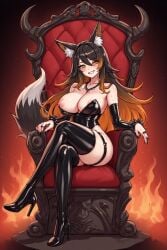 ai_generated animal_ear_fluff animal_ears bangs bare_shoulders black_hair black_leotard black_nails black_thighhighs bracelet breasts brown_hair cleavage crossed_legs detached_sleeves dominant female femdom fox_ears gradient_hair hellhound high_heels infinite_ai jewelry large_breasts latex leotard long_hair looking_at_viewer multicolored_hair necklace orange_hair ring sinder_(vtuber) sitting smile solo spiked_collar spikes sweat tail thick_thighs thigh_strap thighhighs thighs virtual_youtuber vtuber wolf_girl yellow_eyes