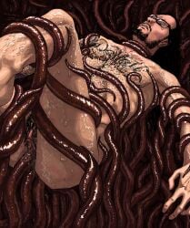 black_hair cuntboy dreadlocks fluids fully_nude glasses hairy hairy_chest hairy_pussy intersex jonathan_davis long_hair pale_skin restrained restrained_by_tentacles suffocating suspended_in_midair tattoed_arm tattoo tattoo_on_chest tentacle tentacle_in_ass tentacle_in_pussy tentacle_penetration tentacle_sex
