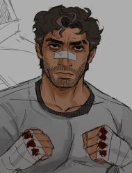 1boy bandage bandage_on_face bandage_on_nose bara beard beard_stubble brown_hair egyptian_mythology facial_hair facial_stubble gay gray_cloth gray_clothes gray_clothing greatmachinegun grey_cloth grey_clothes grey_clothing male_only marvel marvel_cinematic_universe marvel_comics marvel_rivals middle_eastern_mythology moon moon_knight moon_knight_(series) moon_symbol moustache mustache_stubble mythology oscar_isaac short_hair tan_body tan_male tan_skin tan_skinned_male yaoi
