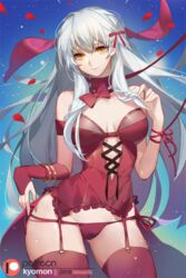 2019 alternate_costume bow bracelet bustier choker female fingerless_gloves fire_emblem fire_emblem:_radiant_dawn golden_eyes holding_hair kyomon lingerie long_hair micaiah_(fire_emblem) panties patreon patreon_logo patreon_reward patreon_username petals playing_with_hair ribbon ribbon_choker ribbon_trim ribbons rose_petals silver_hair simple_background smile solo thread tied valentine valentine's_day yellow_eyes