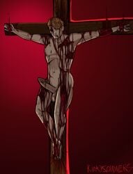1boy anguish bleeding blonde_hair blood blood_drip blood_on_face blue_eyes catholic christianity circumcised cross crucified crucifix crucifixion exposed_muscle exposed_skin flayed gore guro hazbin_hotel kinkysoldiers male_only male_ryona missing_eye nailed_to_cross penis saint_peter_(hazbin_hotel) suffering tortured_to_death upside_down_cross