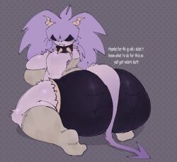 :/ armpit_hair big_ass_(female) big_butt_(female) boilingvalerii dotted_background hair_over_eyes horns light_green_clothing light_purple_hair light_purple_skin looking_at_viewer looking_back shorts spiked_collar tail text