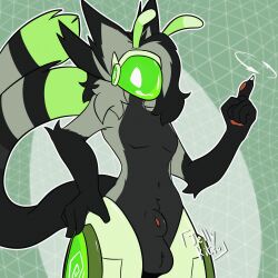 1:1 2_tails 4_ears animal_genitalia antennae_(anatomy) anthro cat_tail fully_sheathed genitals hair handpaw hi_res jellylewdsu long_hair machine male male_only multi_ear multi_tail nude pawpads paws protogen sheath solo standing tail visor