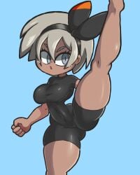 1girls ass ass_visible_through_thighs bea_(pokemon) big_breasts blush breasts clothing female female_only game_freak grey_eyes grey_hair gym_clothes hair headband leg_up legs lotikmac nintendo one_leg_up pokemon pokemon_ss short_hair solo solo_female thick_thighs thighs tight_clothing