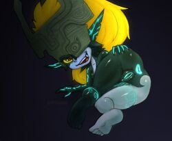 34frames anus armor ass black_body blonde_hair blue_anus blue_markings blue_vulva breasts eyelashes feet female genitals grey_body hair hand_on_butt headgear helmet hi_res humanoid imp long_hair looking_at_viewer markings midna nintendo nipples nude one_eye_obstructed open_mouth open_smile presenting presenting_hindquarters purple_background red_eyes simple_background small_breasts smile snaggle_tooth solo the_legend_of_zelda thick_thighs twili twilight_princess vulva wide_hips yellow_sclera