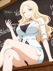 1girls ai_generated assassination_classroom blazer blonde_hair irina_jelavic one_eye_closed sensei sitting_on_table teacher teacher_female thick_thighs