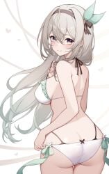 1girls alternate_version_available artist_request ass back_view behind_view bikini blush female_focus female_only firefly_(honkai:_star_rail) gradient_background gradient_eyes gradient_hair hair_ornament headband honkai:_star_rail honkai_(series) long_hair looking_at_viewer looking_back multicolored_eyes silver_hair smiling smiling_at_viewer solo solo_female swimsuit