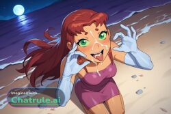1girl ai_assisted ai_generated awaiting_cum beach cowboy_shot cum_in_hair cum_on_face cum_on_hands elbow_gloves fellatio_gesture full_body full_moon green_eyes green_sclera kneeling long_hair moon naked night ocean open_mouth oral_invitation orange_skin pink_dress red_hair smile solo sparkle starfire_(teen_titans) teen_titans tongue_out view_from_above white_gloves