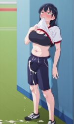 1futa ai_generated aiyor biting_clothes boku_no_kokoro_no_yabai_yatsu cleavage clothed cum cum_drip cum_through_clothes cum_through_clothing embarrassed futanari gym_uniform helpless, no_hands outdoors public uncontrolled_orgasm yamada_anna