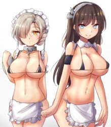 2girls apron arm_garter azur_lane bikini_top blue_eyes blush braid breasts brown_hair cleavage collar detached_collar frills hair_over_one_eye highres large_breasts light-skinned_female light_skin long_hair looking_at_viewer maid maid_headdress micro_bikini mistynight multiple_girls navel newcastle_(azur_lane) royal_navy_(azur_lane) sheffield_(azur_lane) silver_hair simple_background smile yellow_eyes