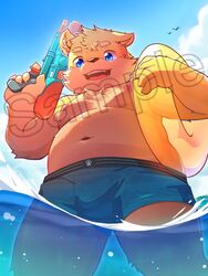 anthro blue_eyes clothing cloud darkmagic distracting_watermark male male_only mammal navel open_mouth shorts sky slightly_chubby solo ursid water water_gun watermark