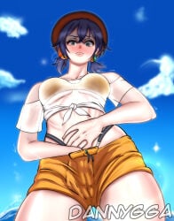 beach belle_(zenless_zone_zero) blush commission dannygga hat masturbating_under_clothes masturbation perspective perspective_from_below