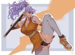1girls alternate_color big_breasts black_panties black_underwear breasts brown_eyes commentary_request female final_fight final_fight_2 holding_weapon japanese_clothes kimono large_breasts long_hair maki_genryusai muscular muscular_female ninja ogami panties pantyshot pantyshot_(standing) ponytail purple_hair street_fighter_alpha thick_thighs thighhighs thighs tonfa underwear upskirt variant_set white_thighhighs