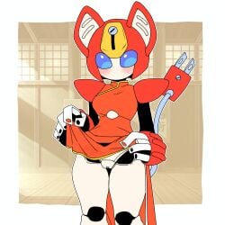 blue_eyes blush cat_ears chinese_clothes cord cord_tail female female_only fembot flashing_pussy kerotheklutz lifting_skirt machine machine_girl medarot peppercat robot robot_girl robot_joints robot_pussy robot_vagina tail vagina