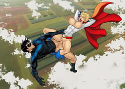 1boy 1girls ability_indecency abs areolae batman_(series) big_breasts black_hair blonde_hair blue_eyes breasts cape clothed_sex clothing dc dc_comics dick_grayson duo female flying flying_sex hair leg_lock long_hair male mask masked miycko muscles muscular muscular_male nightwing nipples open_mouth penetration penis power_girl pussy r_ex sex short_hair sky straight superman_(series) tight_clothing tongue tongue_out uniform vaginal vaginal_penetration