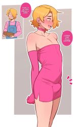 1boy 1femboy 2d 2d_(artwork) blonde_hair blush bulge bulge_through_clothing caleb_(dross) choker clothed clothed_male color crossdressing crossdressing_male dress dross femboy femboy_only feminine_male freckles full_color gloves hair_over_one_eye light-skinned_femboy light-skinned_male light_skin long_gloves male male_only non-nude original original_character overalls pink_choker pink_dress short_hair solo solo_femboy solo_male tagme