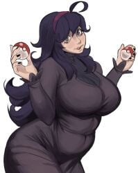 blush dairenke_art dress game_freak grey_eyes hex_maniac hex_maniac_(pokemon_xy) large_ass large_breasts nintendo pokemon pokemon_xy purple_hair solo tagme tight_clothing white_background wide_hips