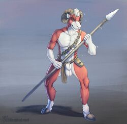 2019 abs animal_genitalia anthro athletic balls belt bovid caprine clothing digitigrade fully_sheathed fur hair hi_res holding_object holding_weapon hooves horn loincloth malachi_(character) male male_only mammal melee_weapon multicolored_fur muscular naruka narukalewd penis pink_eyes polearm potion pouch red_fur shadow sheath solo spear standing tribal two_tone_fur vial weapon white_fur