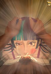 2boys artist_request black_hair blowjob blowjob_face crossdresser crossdressing crossdressing_male cum cum_in_mouth cum_inside cumshot dyed_hair eyelashes eyes_half_open fellatio femboy gay gay_sex holding_head hoshi_kirara jujutsu_kaisen male male/male male_focus male_only piercing pubes pubic_hair purple_eyes tagme tears trap twink yaoi