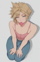 1boy ai_generated bare_shoulders bratinni bulge cloud_strife condom condom_in_mouth condom_wrapper denim femboy final_fantasy from_above half-closed_eyes kneeling legs_together looking_at_viewer otoko_no_ko pants simple_background solo thick_thighs