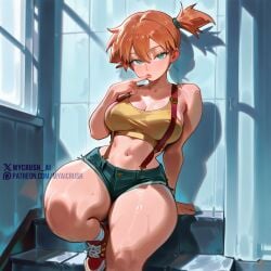1girl 1girls ai_generated aqua_eyes aqua_shorts artist_name assertive_female bare_legs bare_shoulders barefoot blue_eyes blue_shorts blush breasts breasts_out clitoris crop_top cutoffs denim denim_shorts hetero hi_res indoors kasumi_(pokemon) large_breasts legs looking_at_viewer medium_breasts misty_(pokemon) myaicrush nintendo nipples no_panties orange_hair pants patreon_logo patreon_username perky_breasts pokemon puffy_nipples pussy shiny_skin shirt short_hair short_shorts shorts side_ponytail sleeveless sleeveless_shirt solo_focus spread_legs squatting suspender_shorts suspenders tank_top thick_thighs thighs tiptoes watermark web_address yellow_shirt yellow_tank_top