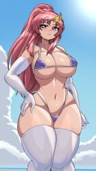 1girls arm_gloves armwear beach big_breasts bikini blue_eyes breasts busty captain_kirb cloud female female_only gundam gundam_seed gundam_seed_destiny hand_on_hip lacus_clyne large_breasts legwear light-skinned_female light_skin long_hair looking_at_viewer micro_bikini mobile_suit_gundam navel ocean outdoors pink_hair png sand side-tie_bikini sky solo sweat sweatdrop sweaty_body swimsuit thick_thighs thighhighs water wide_hips