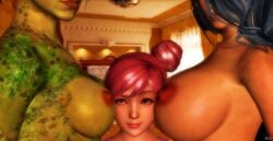 3d 3girls alternate_hairstyle areolae batman:_arkham_knight batman_(series) bed bedroom big_breasts black_hair breasts brown_nipples brown_skin close_up completely_naked completely_nude crossover curtains cybercole360 dc dc_comics dead_or_alive dead_or_alive_5 dead_or_alive_5_last_round erect_nipples eye_contact eyebrows eyeliner eyes eyeshadow farah female female_only games green-skinned_female green_skin honoka_(doa) human indoors legend_of_queen_opala lips lipstick long_hair looking_at_viewer medium_breasts multiple_girls naked nipples nude nude_female pamela_isley pink_hair poison_ivy poison_ivy_(arkham) poison_ivy_(arkham_knight) posing red_eyes red_hair render sideboob tan tanned teasing video_games window xnalara xps