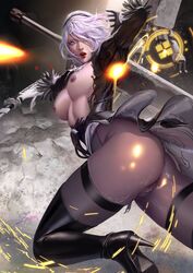 absurdres areolae ass breasts female female_only highres looking_at_viewer nier nier:_automata nipples pussy solo thighhighs yorha_2b zumi