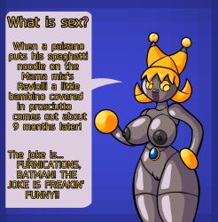 belly_button big_breasts blonde_hair chrome completely_nude explaining funny hat joke joke_explainer_17000 joke_explainer_7000 joke_explainer_7000_(maker) mario_(series) navel no_fingers paper_mario paper_mario:_the_origami_king parody pussy robot robot_girl sasu43 siivagunner simple_background the_joke-explainer_7000 vinesauce_reference yellow_eyes