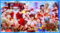 1boy 3d 6+girls absurdres ayane_(doa) breasts christie_(doa) christmas dark_skin dead_or_alive female highres hitomi_(doa) honey_select honeykai_(artist) honoka_(doa) illusion_soft kasumi_(doa) lisa_hamilton male marie_rose multiple_girls nipples sarah_bryant text_focus tina_armstrong