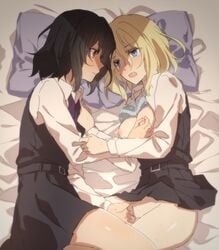 2girls amazuki_jou andou_(girls_und_panzer) arm_grab bangs bc_freedom_school_uniform bed_sheet black_hair black_skirt black_vest blonde_hair blue_eyes blue_neckwear blue_sweater blush bra bra_lift breasts brown_eyes cardigan closed_mouth commentary crying crying_with_eyes_open dark_skin diagonal_stripes dress_shirt fingering frown girls_und_panzer highres long_sleeves looking_at_another lying medium_breasts medium_hair messy_hair miniskirt multiple_girls necktie nipple_tweak nipples no_panties on_bed on_side open_mouth oshida_(girls_und_panzer) pillow pleated_skirt pussy_juice red_neckwear saliva school_uniform shirt skirt skirt_lift straddling striped striped_neckwear sweat sweater tears thighs underwear undone_necktie vest white_shirt wing_collar yuri