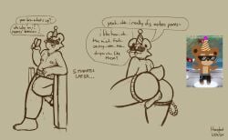 absurd_res anthro ass assless_pants ball_tuft balls bear brownie_(honeybud) chaps clothing english_text fan_character feet genitals gesture half-erect hand_gesture hat headgear headwear hi_res honeybud jewelry leaning leaning_backward leaning_on_fence mammal necklace nipples party_hat penis pixile_studios presenting presenting_balls presenting_hindquarters presenting_penis reference_image super_animal_royale tail text tuft v_sign