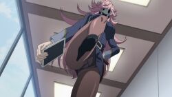 1girls ass breasts cameltoe clothing high-rise_invasion kusakabe_yayoi large_breasts looking_down mask panties pink_hair screencap tenkuu_shinpan thighs yayoi_kusakabe