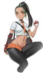 1girls crop_top female female_only human kiritzugu looking_at_viewer midriff nemo nemona_(pokemon) pokemon pokemon_sv pokemon_trainer shiny_clothes solo thick_thighs thighs