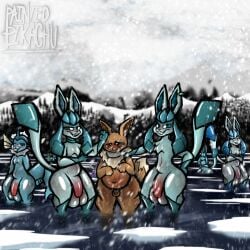 anthro eevee eeveelution generation_1_pokemon generation_4_pokemon glaceon group hi_res male male/male nintendo paintedpikachu pokemon pokemon_(species) vaporeon