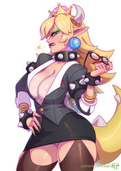 1girls big_breasts bimbo blonde_hair blue_eyes bowsette breasts business_suit cleavage dark_lipstick dress elf_ears eyeshadow female female_only fire_breath garter_straps glasses green_eyeshadow hourglass_figure kajinman large_breasts light-skinned_female light_skin lips lipstick looking_at_viewer makeup mario_(series) miniskirt monster_girl nail_polish nails new_super_mario_bros._u_deluxe nintendo no_bra office_lady open_clothes panties pointy_ears rule_63 skirt solo spiked_armlet spiked_bracelet spiked_collar spiked_shell spiked_tail super_crown tail text thick_thighs thighhighs upskirt url voluptuous watermark wide_hips