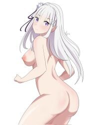 1girls ass ass ass_focus back back_view breasts butt_crack completely_naked completely_naked_female completely_nude completely_nude_female elf elf_ears elf_female elf_girl emilia_(re:zero) looking_back niet_zsu nipples purple_eyes re:zero_kara_hajimeru_isekai_seikatsu sideboob silver_hair solo solo_female solo_focus standing thighs white_background