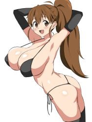 ass bikini black_bikini black_gloves breasts brown_eyes brown_hair elbow_gloves female gloves highres kagemusha large_breasts long_hair looking_at_viewer open_mouth ponytail solo swimsuit taneshima_popura white_background working!!