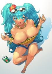 1girls aqua_eyes aqua_hair areolae big_breasts blush bracelet brazil brazilian brazilian_female brazilian_flag brazilian_miku breasts cleavage denim denim_shorts earrings flower hair_flower hair_ornament hatsune_miku hi_res hibiscus long_hair looking_at_viewer matching_hair/eyes navel navel_piercing necklace open_mouth painted_nails panties panty_peek revealing_clothes sandals seed01010 short_shorts shorts sidelocks sitting solo strap_pull sunglasses sunglasses_on_head tan_body tank_top teasing twintails unzipped very_long_hair vocaloid