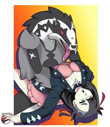 1boy 1girls breasts cleavage clothed female female_human femsub feral furry human implied_sex interspecies larger_male male male/female male_obstagoon male_pokemon male_pokemon/female_human maledom marnie_(pokemon) nude obstagoon pokemon pokemon_ss pokephilia size_difference smaller_female