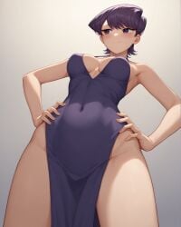 1girls ai_generated bare_arms bare_shoulders bed bedroom blush breasts cleavage collarbone confident covered_navel halterneck hands_on_hips komi-san_wa_komyushou_desu komi_shuuko legs_apart looking_away low-angle_view mature_female milf notreallyhere pelvic_curtain purple_dress purple_eyes purple_hair short_hair simple_background skindentation smile solo swept_bangs thighs underboob