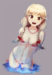 arms_behind_back bikini blonde_hair bow braid breasts faye_(fire_emblem) female fire_emblem fire_emblem_echoes:_shadows_of_valentia grey_background hair_ornament hairbow high_resolution keldancon long_hair medium_breasts navel open_mouth partially_submerged red_bow simple_background solo swimsuit tied_hair twin_braids very_high_resolution wading wreath