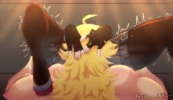 2girls blonde_hair cunnilingus digital_drawing duo dwagonstew female female_only hand_on_another's_head implied_cunnilingus implied_oral incest light-skinned_female multiple_girls muscular muscular_female oral ruby_rose rwby shaking sisters smellycumlover yang_xiao_long yuri