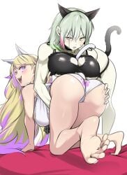 2girls aotaka0202 ass bad_foot_anatomy cat_ears cat_lingerie cat_tail diabellstar_the_black_witch diabellze_the_original_sinkeeper duel_monster female large_breasts two_tone_hair yu-gi-oh!