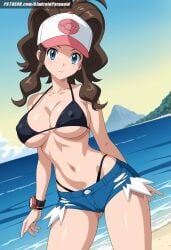 ai_generated aindroidparanoid baseball_cap beach big_breasts bikini blue_eyes breasts brown_hair cap cleavage covered_nipples denim_shorts hat hilda_(pokemon) hips huge_breasts large_breasts long_hair narrow_waist navel nipples outdoors pokemon pokemon_(species) pokemon_bw pokemon_trainer ponytail short_hair slim_waist stable_diffusion taller_girl thick_thighs tight_clothing voluptuous watch wavy_hair wide_hips