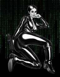 1girls ass black_and_white black_hair bodysuit boots carrie_anne_moss catsuit crouching dat_ass female female_only gun kyuzuc latex mac-10 monochrome patent_boot shiny short_hair solo submachine_gun the_matrix trinity_(the_matrix) weapon