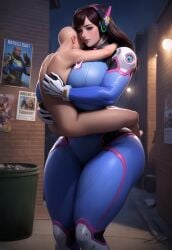 ai_generated ass bald bodysuit brown_hair carrying clothed_female_nude_male clothing d.va huge_breasts hugging lifting long_hair male/female mommy mommy_kink outdoors overwatch standing sweat teenage_boy teenage_girl thick_thighs